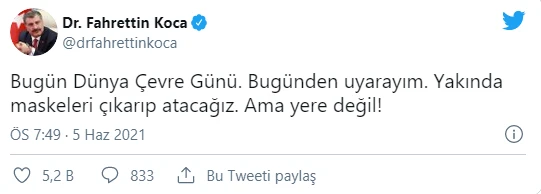 Sağlık Bakanı Koca'dan Dünya Çevre Günü mesajı